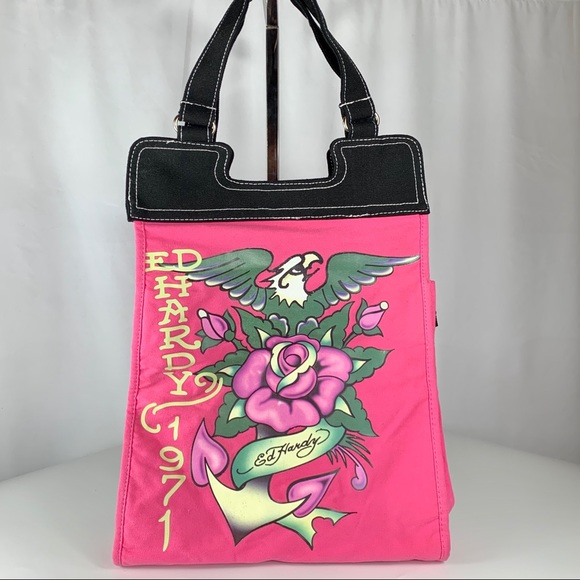 ED HARDY Pink Canvas Screen Printed Design Tote - Picture 2 of 10